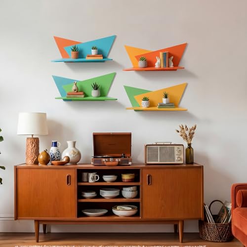 Image of Threehoney Mid-Century Modern Wall Set of 4 Colorful Floating Display Shelves Retro Style Starburst Wall Mounted Shelves Storage for Bedroom, Living Room Decor(Folding Geometry)