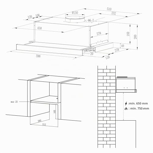 Miniatura 2 de Ciarra Campana Extractora Telescópica De 60 Cm Cbcs6906d 370 M H, Campana Extractora Integrada De 600 Mm Con Luz Led, 2 Velocidades, Ventilador Extractor De Cocina Integrado
