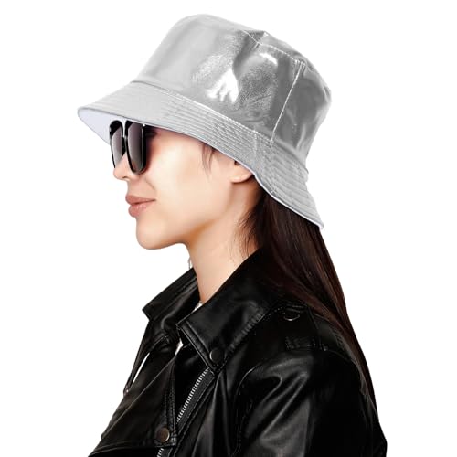 Image of Unisex Metallic Bucket Hat Waterproof Holographic Bucket Hat Fishing Hat Trendy Hip Pop Sun Cap