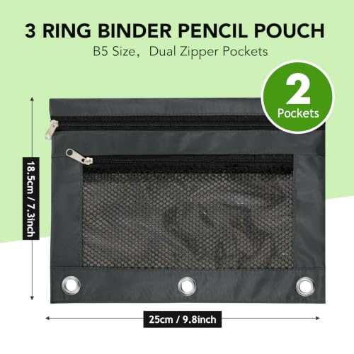 Image of Pencil Pouch for 3 Ring Binder, Heavy Duty Canvas Dual Zipper Pen Bag with Clear Window, Smooth Metal Zipper, Fit Standard 3-Ring Binders for School Office Travel Supplies (Dark Grey)
