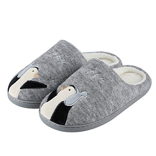 JLCP Eltern-Kind-Baumwolle Hausschuhe, Bequeme Atmungsaktive Winter Warme Schuhe Anti-Rutsch-Cartoon Pinguin Weichen Stoff Hausschuhe,Grau,37/38 Cover