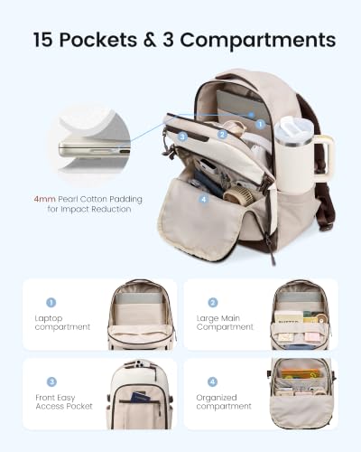 Image of LOVEVOOK Laptop Backpack for Women, Waterproof Work Travel Backpack with Large Cup Pockets for Teacher Nurse, 15.6 inch Computer Bag College Bookbag Daypack, Gifts for Women, Black