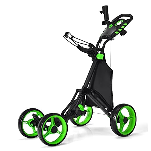 LIFEZEAL Golf Trolley with 4 Wheels, Golf Push Cart with Foot Brake, Golf Caddy with Storage Bag & Adjustable Handle, 110 x 65 x 100 cm (Green)