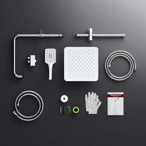 Rainsworth Duschsystem ohne Armatur Chrom - 30 x 30 cm eckig Regendusche und 3 Strahlarten Duschkopf, mit Umsteller aus Messing,Duschsäule Duschset für Dusche