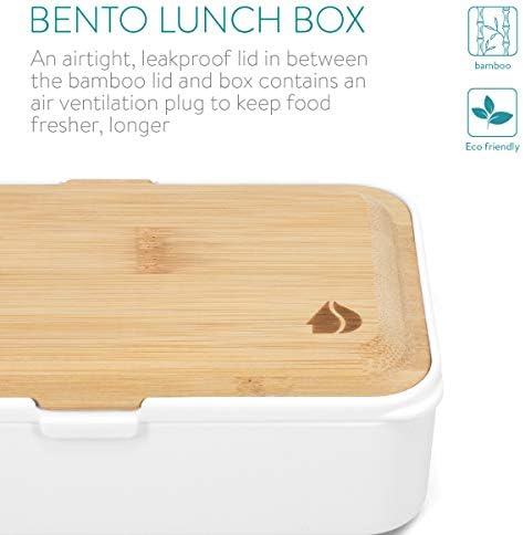 Navaris Bento Box - Leakproof 2 Tier Bento Lunch Box with 3 Piece Cutlery and Bamboo Lid for On-The-Go, Meal Prep, Snack Packing - White