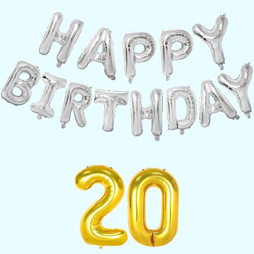 Image of Flyloons 20th Silver Colour Happy Birthday Foil Balloon Set for 20 Year Old Boys Girls Teenage | with Number Twenty | 13 Letters Reusable Happy Birthday Metallic Foil Balloons Decoration Kit