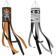 2Pcs Halloween Ghost Windsock Flag Decoration Mummy Spooky Skull Windsock Heavy Duty Hanging Flag Wind Socks for Halloween Home Indoor Outdoor Front Door Yard Patio Lawn Garden Party Decor