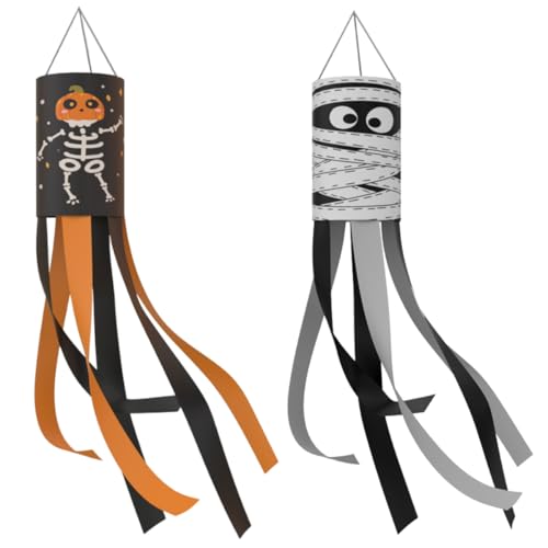 2Pcs Halloween Ghost Windsock Flag Decoration Mummy Spooky Skull Windsock Heavy Duty Hanging Flag Wind Socks for Halloween Home Indoor Outdoor Front Door Yard Patio Lawn Garden Party Decor