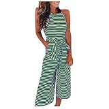 Womens Wide Leg Jumpsuits Fashion Sleeveless High Neck Striped Overalls Tie Waist Casual Long Rompers with Pockets