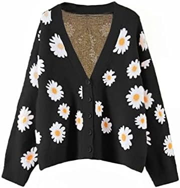 Women's Long Sleeve Thin Cardigans Sweater V-Neck Daisy Floral Button Loose Outerwear Black