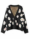 Women's Long Sleeve Thin Cardigans Sweater V-Neck Daisy Floral Button Loose Outerwear Black