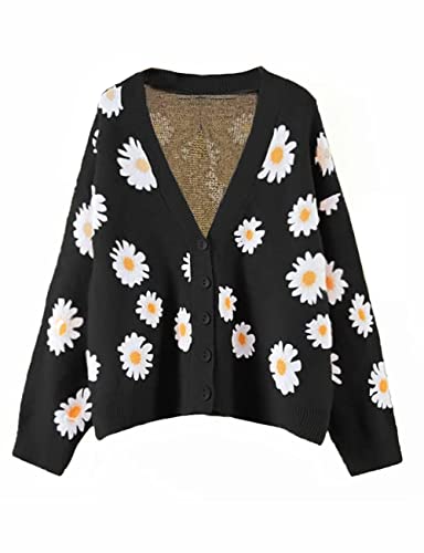 Women's Long Sleeve Thin Cardigans Sweater V-Neck Daisy Floral Button Loose Outerwear Black #TOP1