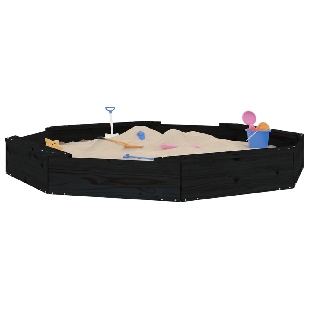 Sandkasten Achteck aus massivem Kiefernholz mit 4 Sitzbänken schwarz, 159,5 x 159,5 cm, wetterfest für Kinder 2-8 Jahre, Outdoor Spielplatz für Garten, Terrasse, Balkon mit UV-Schutz