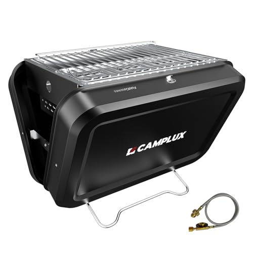 CAMPLUX Draagbare 2-in-1 Barbecue, Gas- en Houtskoolcampingkooktoestel met Rooster van 32 x 23,5 cm, Klapt Compact op voor Camping, Backpacken, Balkon en Reizen, FoldGo FG16GB
