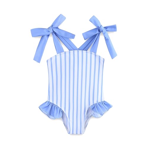 Image of Summer Little Girl Bathing Suit Ruffle One Piece Swimsuits Quick Dry Beach Swimwear for Girls 6-7T Blue Stripe