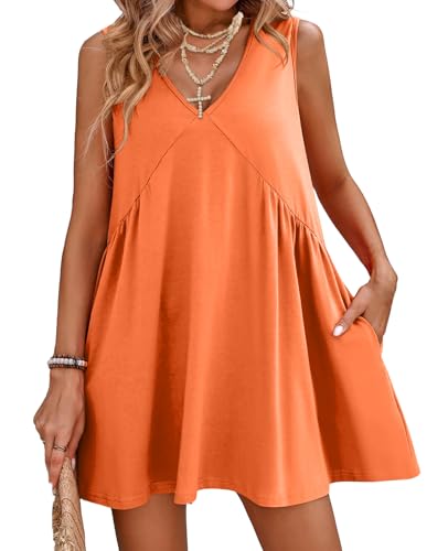 Image of Women's Summer V Neck Sleeveless Mini Dress Casual Loose Pleated Swing Flowy Sundress with Pockets Orange