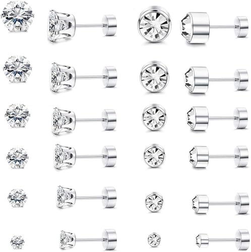 Dochais 12 Paar Ohrringe Silber für Herren Männer Damen Edelstahl Ohrstecker Chirurgenstahl Hypoallergen Kleine Brilliant Ohrstecker Set für Mehrere OhrlöCher mit Zirkon 3/4/5/6/7/8mm