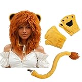 LUZTACT Lion Costume Set Plush Animal Hat with Ear & Tail Paws Gloves Animal Mane Costume Halloween Cosplay Accessories (Lion)