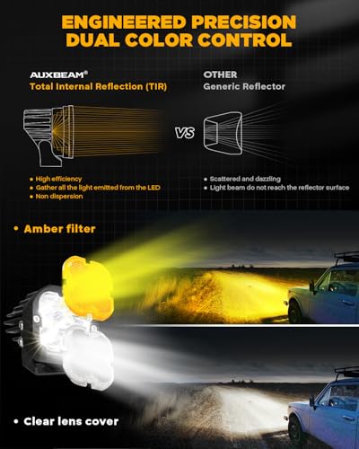 Image of Auxbeam XP-Ultra Series 3 inch Wide Flood Beam Offroad Lights LED Pods 2-Pack | 120 Broad Reflector, TIR Optics, Amber White Dual Color, Light Covers, 80W 9600LM, for Polaris RZR Bronco Tacoma Can-Am