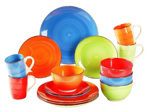 simpa 16PC Hand Painted Assorted Bright Colourful Stoneware Dinner Set. 4 Dinner Plates, 4 Side Plates, 4 Bowls & 4 Mugs. Dishwasher & Microwave Safe.