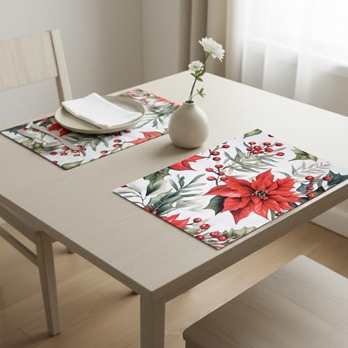 Image of Dining Table Mats Set of 2 - Red Flower Chritmas Magic Theme,Digital Print, Washable, Indoor /Outdoor, Heat-Proof, Wipe & Clean (47X33 cm) Red & Green
