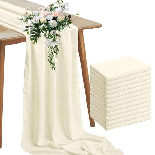 Horbaunal 12 Pack Ivory Chiffon Table Runners 10FT Sheer Chiffon