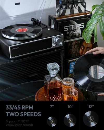 Image of QLEARSOUL ONE-Q Vinyl Record Player (Black), All-in-one HiFi Turntables with Built in Speakers, Bluetooth 5.4, Phono Preamp, Magnetic Cartridge AT-3600L, 33 /45 RPM Two Speed, Aux-in, Auto Off