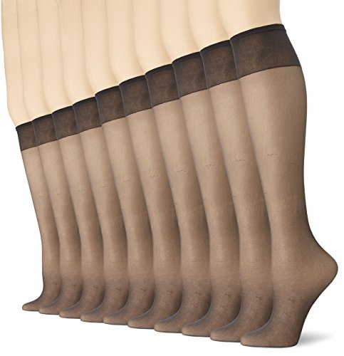 No Nonsense Women's Value Bundle Knee High Pantyhose with Sheer Toe 8 pairs per pack, Off Black, Plus