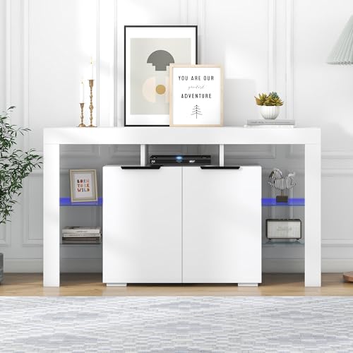 Doyisy Armario de cocina LED de alto brillo, armario de cocina, armario de buffet, servido con luces LED, armario de buffet de alto brillo con 4 estantes de cristal y 2 puertas, vitrina para sala de