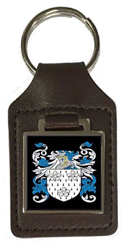 Porte-clés cuir marron blason familial personnalisé : accessoire de poche héraldique suspendu