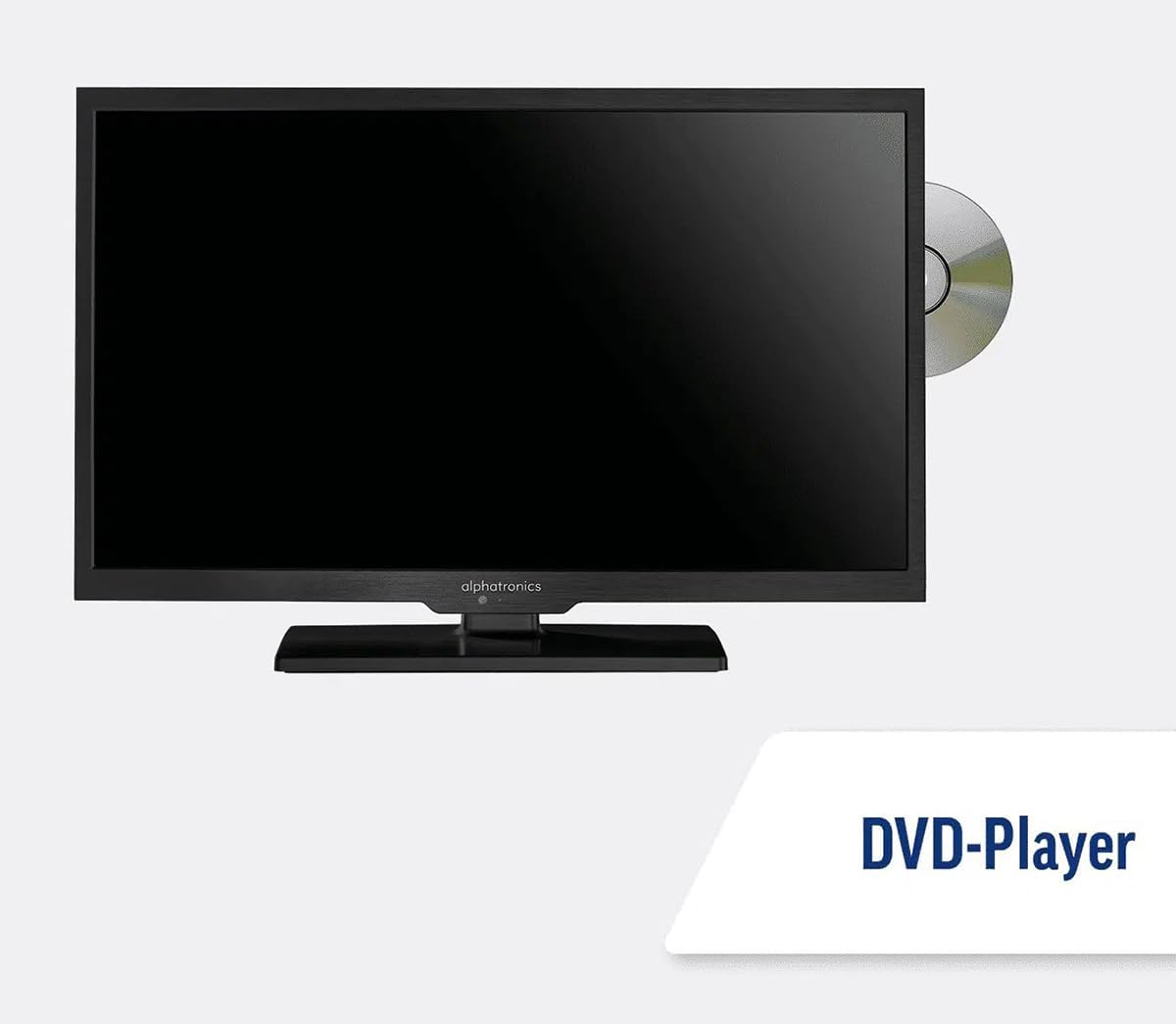 Maksview Alphatronics TV with a DVD disc partially inserted into the side slot.