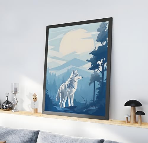 Poster loup minimaliste déco murale chambre, affiche hiver montagne style ligne claire