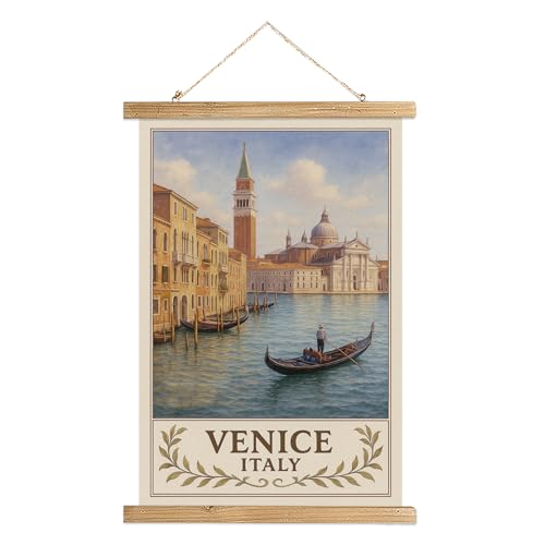 XIAOAIKA Venice Italy Wall Art Poster, Vintage Travel Print Featuring Gondola on Grand Canal with Historic Architecture, Linen Canvas Hanging Scroll with Wooden Frame, European City Decor, 16x23 Inch