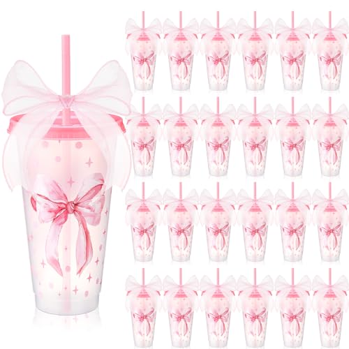 Willinglong 24 Pink Bow Cups with Lid Straw Galentines Party Favor 24 oz