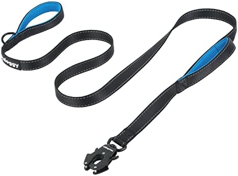 Strong Heavy Duty Dog Leash - 5ft Reflective Nylon Training Leash with Soft Padded Double Handle & Auto Lock Frog Clip - Safety Traffic Control for Large Medium Small Dogs No Pull Walk Black Blue,5ft