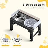 Euqvunn Hundenapf Erhöht, 6-stufig höhenverstellbar, 5° Neigung, Spritzschutz-Design, Futternapf Hund Erhöht mit Zwei 1000ml Edelstahl & Slow Feeder Hundenapf, für Kleine, Mittlere und Große Haustier