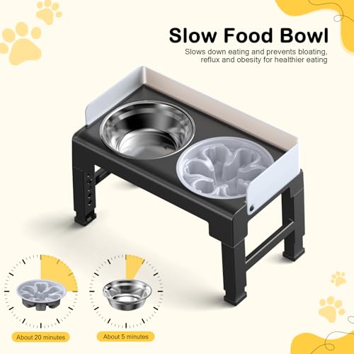 Euqvunn Hundenapf Erhöht, 6-stufig höhenverstellbar, 5° Neigung, Spritzschutz-Design, Futternapf Hund Erhöht mit Zwei 1000ml Edelstahl & Slow Feeder Hundenapf, für Kleine, Mittlere und Große Haustier
