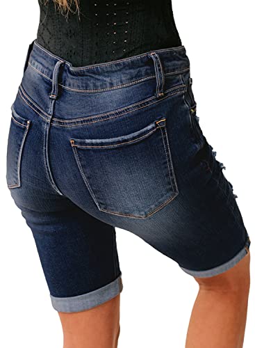 Luvamia Women Casual High Waisted Ripped Rolled Hem Denim Jean Shorts Bermuda Shorts Dark Vintage Size Medium #TOP1