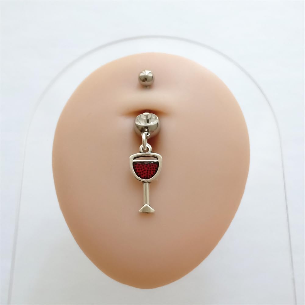 1pcs Red Wine Glass Charm Belly Ring, Vintage Style Belly Button Jewelry, Stainless Steel 14G Navel Barbell Ring with Dangle Pendant, Dainty Piercing Body Jewelry for Her - Image 3