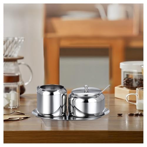 Genérico Juego de Azucarero y Jarra de Leche de Acero Inoxidable con Bandej y Cuchara - Estilo Europeo para Hogar, Cocina, Hoteles y Cafeterías