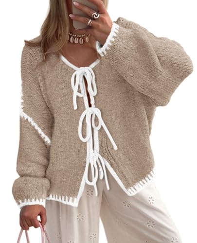 PRETTYGARDEN Women's Tie Front Bow Cardigan Sweaters Chunky Knit Long