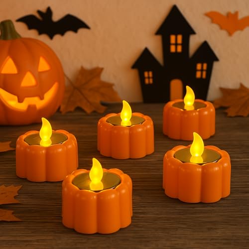 Aulaygo 6PCS Orange Solar Pumpkin Tea Lights Outdoor Candle,Autumn Flameless