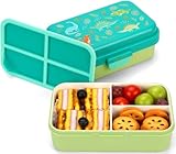 Caperci Small Bento Snack Box for Kids - 2.5 Cup Leak-Proof Snack Containers with 3-Compartment & Innovative Easy-Open Latch, Utensils Store Area, BPA-Free, Ideal for Ages 3+ (Dinosaur/Green)