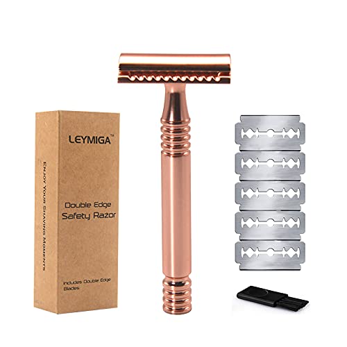 LEYMIGA Safety Razor For Men Women, Rose Gold Manual Double Edge Mens Shaving Razor Kit with 10 Double Edge Razor Blades