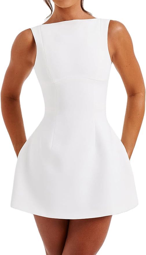Crsiphee Women Summer Dresses Elegant Mini Dress Sexy Sleeveless A-Line Bodycon Backless Dresses for Night Out Party Graduation Wear White M