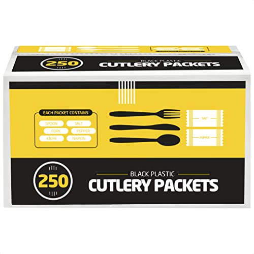 250 Disposable Cutlery Packets – Knife, Fork, Spoon, Napkin, Salt, Pepper Sets | Black & Silver Plastic Sets, Individually Wrapped Cutlery Kits
