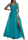  shownicer Robe de Cérémonie Longue Femme Blanche Dentelle Robe de Demoiselle d\'honneur Brodé Fleur Robe de Soirée Col Rond Robe sans Manches Mousseline B Bleu XXL