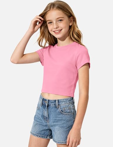Image of Auranso Girls Crop Tops Kids Short Sleeve T-Shirts Basic Summer Tee Top