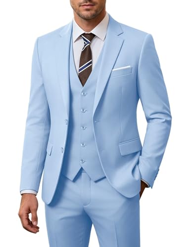 Image of Men's 3 Piece Slim Fit Suit Set, Two Button Blazer Solid Jacket Vest Pants Wedding Business Suit
