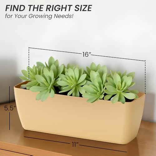 Image of YUCCABE ITALIA SHERA CABI Tray 16 INCH Plastic Flower Tray Pot Unbreakable Rectangular Planter Suitable for Home Garden Seedling Indoor and Outdoor (Beige, Pack of 3)